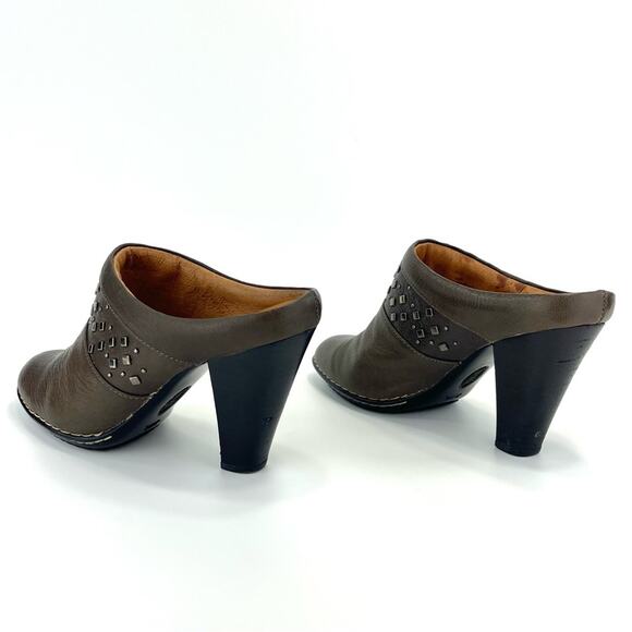 Sofft Soleil High Heel Clog/Mule Size 7.5 Brown/Green Leather Cushioned Studded - Picture 2 of 15